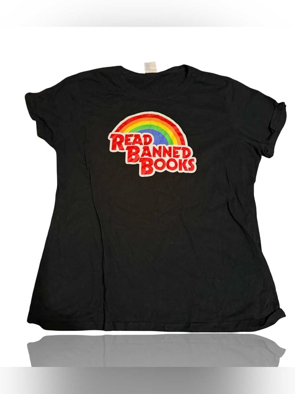 Read Banned Books T-Shirt Womens L Black Rainbow Graphic Crew Neck Tee